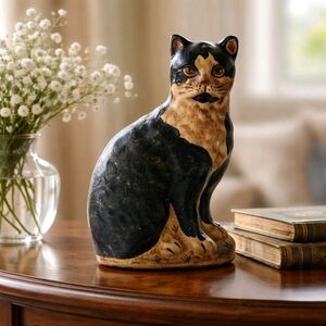 Vintage 1987 Vaillancourt Folk Art Black and White Chalkware Cat Figurine